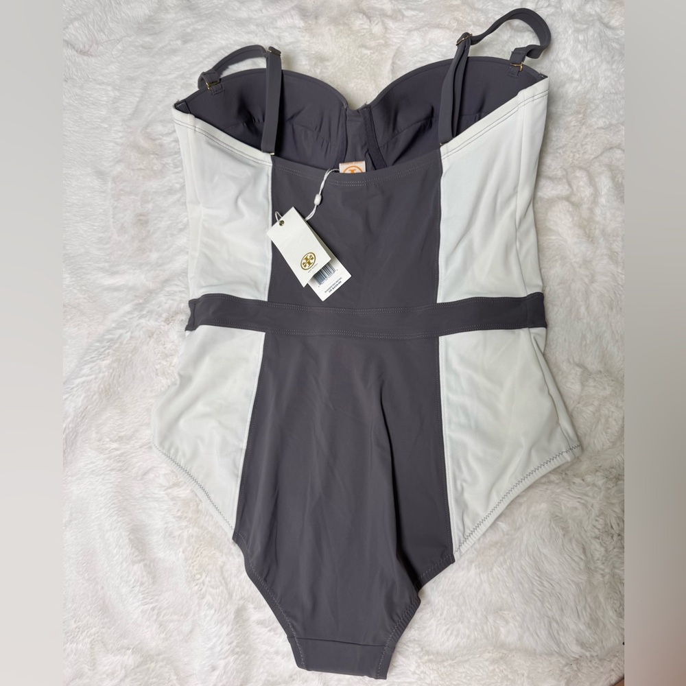 Tory Burch Lipsi Colorblock Gray White Bandeau One-Piece Swimsuit, Large - Picture 3 of 8